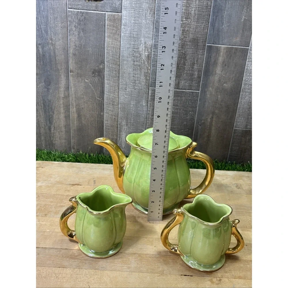 Vintage Pearl China Lime Green Lusterware Tea Set 22K Gold Teapot Creamer Sugar